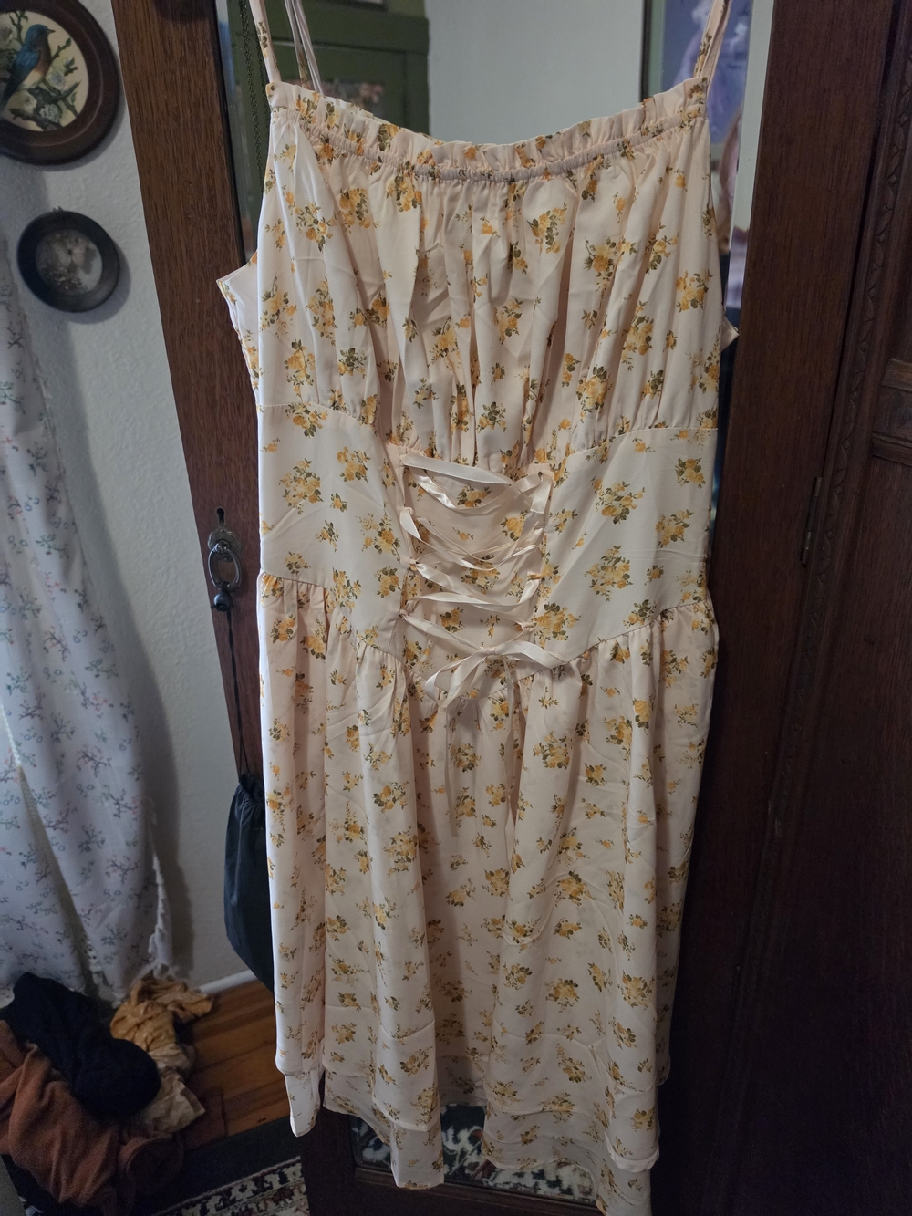 Cream Floral Lace-Up Midi Dress with Yellow Accents